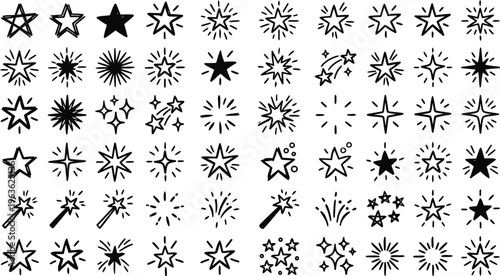 A collection of various star and explosion icons in black on a white background