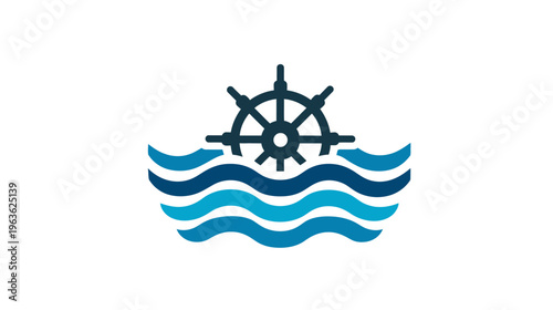 Stylized Nautical Ship's Helm and Blue Ocean Waves Icon. Maritime Navigation, Sea Travel, and Adventure Graphic.