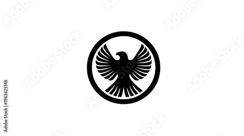 Stylized black eagle or phoenix icon in a circular frame, symbolizing power, freedom, and strength. Graphic vector element.