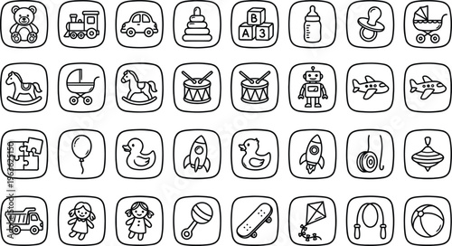 A collection of black and white icons depicting various baby and child related objects and toys.