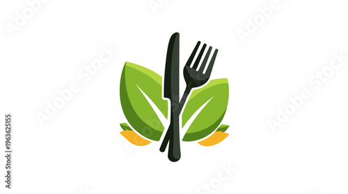 Stylized Green Leaf, Fork, and Knife Icon for Healthy Eating, Organic Food, Restaurant, Vegan Diet, and Natural Nutrition Concepts