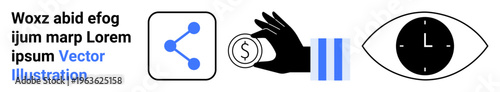 Business strategy, data sharing, time management, finance, technology, and communication. Icons show a hand holding money, a share symbol and an eye with a clock. Finance and data sharing concept