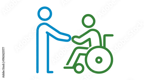 Care and Support for Disabled Person Icon. Healthcare Assistant Helping Individual in Wheelchair. Accessibility Concept.