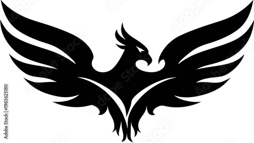 Stylized black silhouette of a majestic mythical bird with spread wings, representing strength, freedom, and triumph