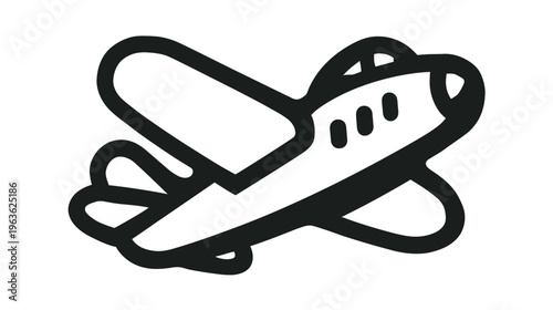 Black and white hand-drawn airplane icon illustration, simple doodle aircraft symbol for travel, flight, and transportation design