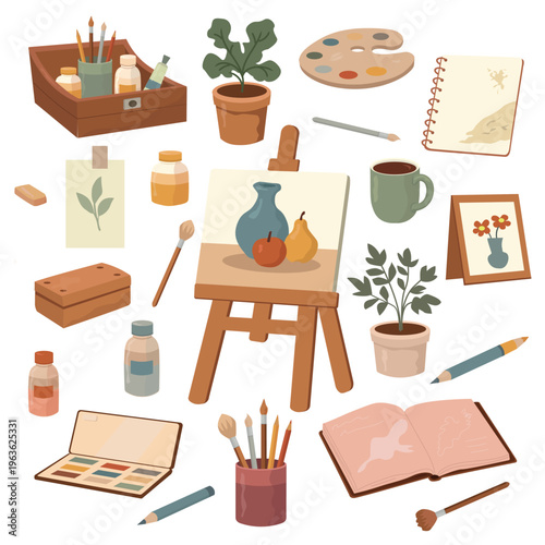 Art studio supplies set – painting tools, brushes and still life, flat vector illustration