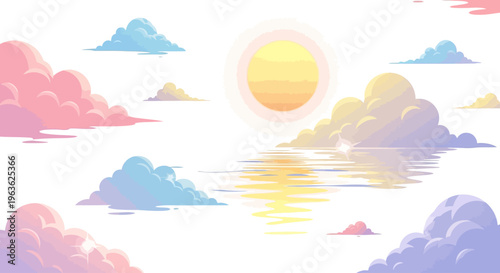 Sun shining through colorful fluffy clouds.