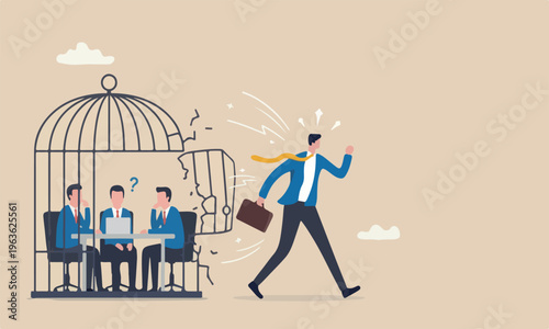 Break together freedom, resign from toxic workplace or retirement concept, confidence businessman break free from toxic working desk bird cage