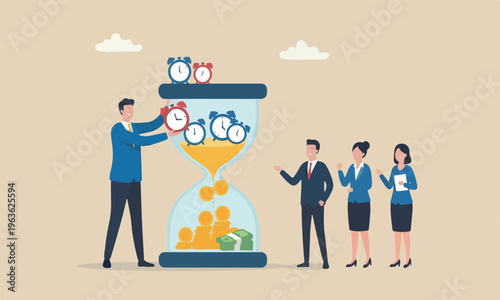 money retiremen businessman investor putting time pieces, clock, alarm clock and timer into sandglass falling to money profit return