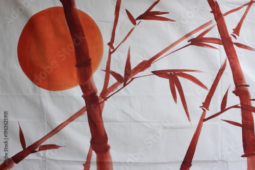 Artistic depiction with a vibrant orange sun and bamboo stalks in a painterly style