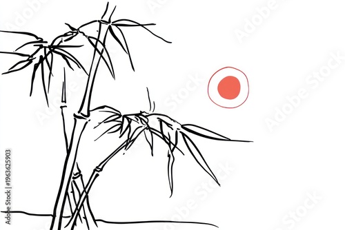 Black ink illustration of bamboo stalks with leaves, and a red circle on white background
