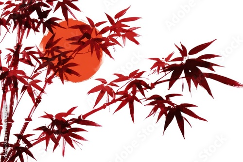 Asian-inspired artwork with red bamboo stalks and leaves silhouetted against a setting sun