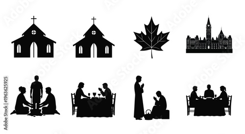 Canadian symbols and silhouettes depicting family faith and community life