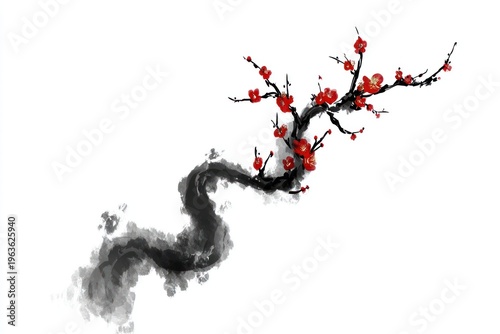 Black inked branch with red blossoms against a white background, flowing upwards