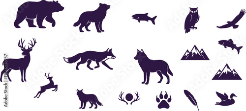 A collection of animal silhouettes including a bear and eagle