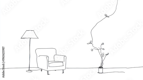 Minimalist line drawing of a room featuring a lamp, armchair, and a potted plant with a bird