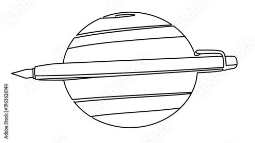 A black and white line drawing depicting a writing utensil passing through a striped sphere