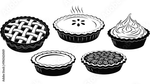 Black and white illustration of various pies and dessert silhouette