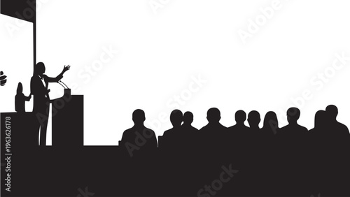 Business conference silhouette with speaker at podium, professional seminar audience vector, corporate presentation and public speaking event