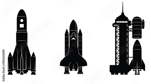 Three rocket designs and a launchpad depicted in black silhouette
