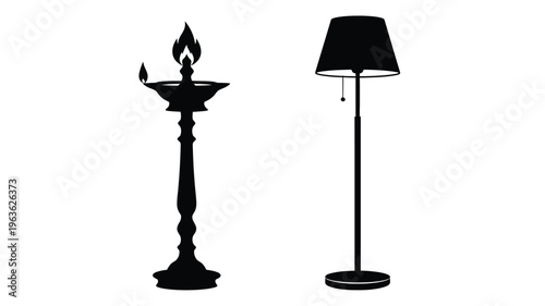 A contrasting pair of lamps presented as a bold silhouette