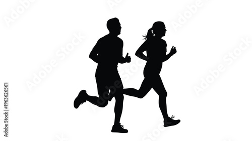 A couple is running together captured in a dark silhouette