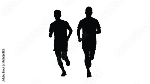 Two men running side by side against a white background silhouette