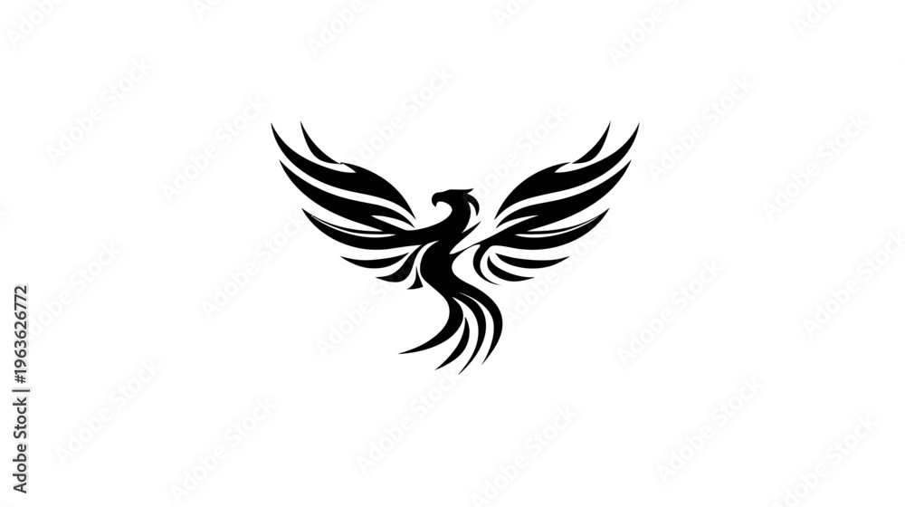 Fototapeta premium Elegant stylized black phoenix bird graphic design element, mythical symbol of rebirth, strength, and eternity.