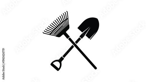 Garden tools a rake and shovel displayed in a black silhouette