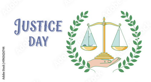 Justice Day symbol with scales and laurel wreath.