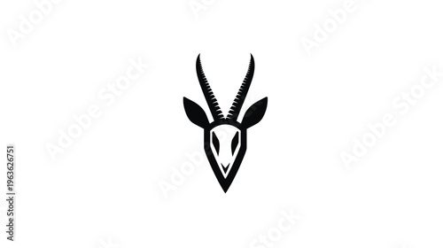 Minimalist stylized black gazelle or antelope head vector icon with elegant horns on a clean white background. Modern wildlife animal graphic.