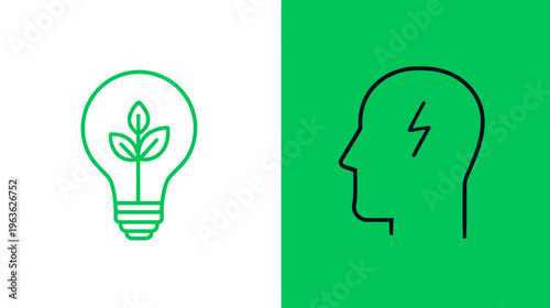 Green energy innovation concept with light bulb holding leaves and human head with lightning bolt for sustainable thinking and ideas.
