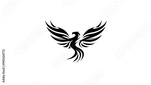 Elegant stylized black phoenix bird graphic design element, mythical symbol of rebirth, strength, and eternity.