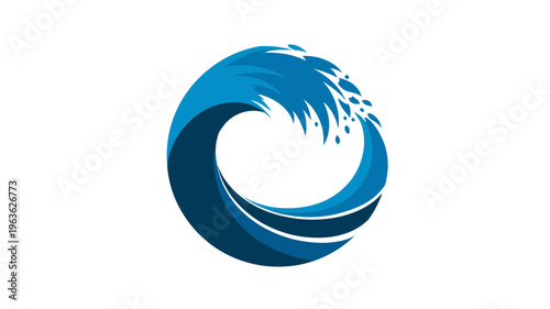 Dynamic circular blue ocean wave icon with water splashes, abstract graphic design element, suitable for clean energy or aquatic concepts.