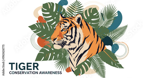Tiger conservation awareness illustration with tropical leaves.