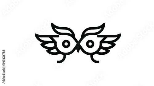 Modern minimalist black line art owl mask icon with symmetrical wings, geometric design, wisdom and intellect symbol