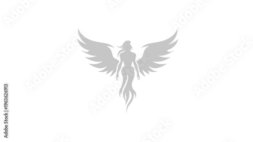 Elegant winged woman mythical figure illustration. Graceful female with large feathers. Power, freedom, and beauty.