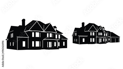 Two stately houses presented in a striking black silhouette
