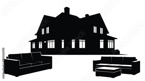 Elegant house and outdoor furniture depicted in a stark silhouette
