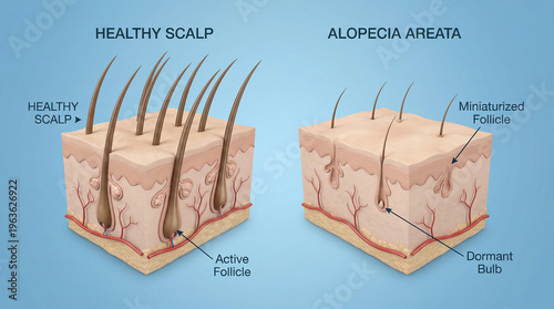 Alopecia Areata Hair Loss and Follicle Miniaturization 3D Illustration