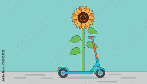 Vibrant scooter and sunflower on city street with green background