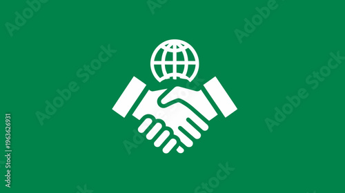 Global Partnership Icon: Handshake and World Globe Symbolizing International Cooperation, Agreement, Unity, and Sustainability.