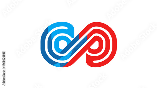 Modern abstract infinity symbol logo with blue and red stylized lines on a white background, representing connection and eternity.