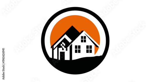 Modern real estate icon with stylized houses and an orange sun or full moon in a black circular frame, property design.