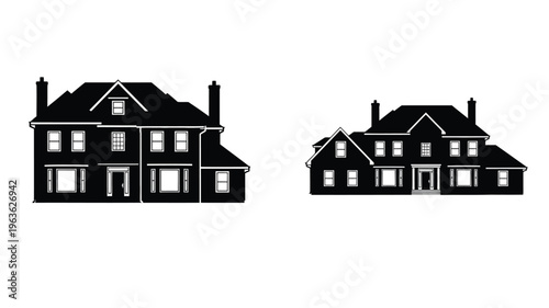 Two detailed house shapes are presented as a striking black silhouette