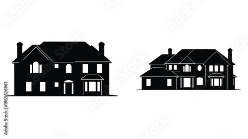 Two stately homes presented as a stark black silhouette