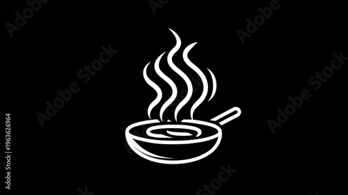 Minimalist white line art icon of a hot frying pan with steaming food. Simple illustration for cooking, breakfast, and fresh meals.