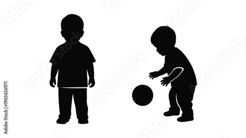 Two young children playing with a ball black silhouette