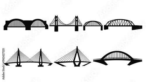 Variety of bridge designs illustrated as a striking black silhouette