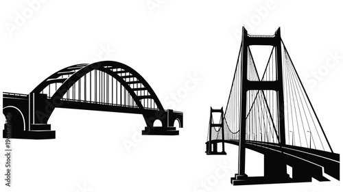 Dramatic black silhouette of two suspension bridges against a white background